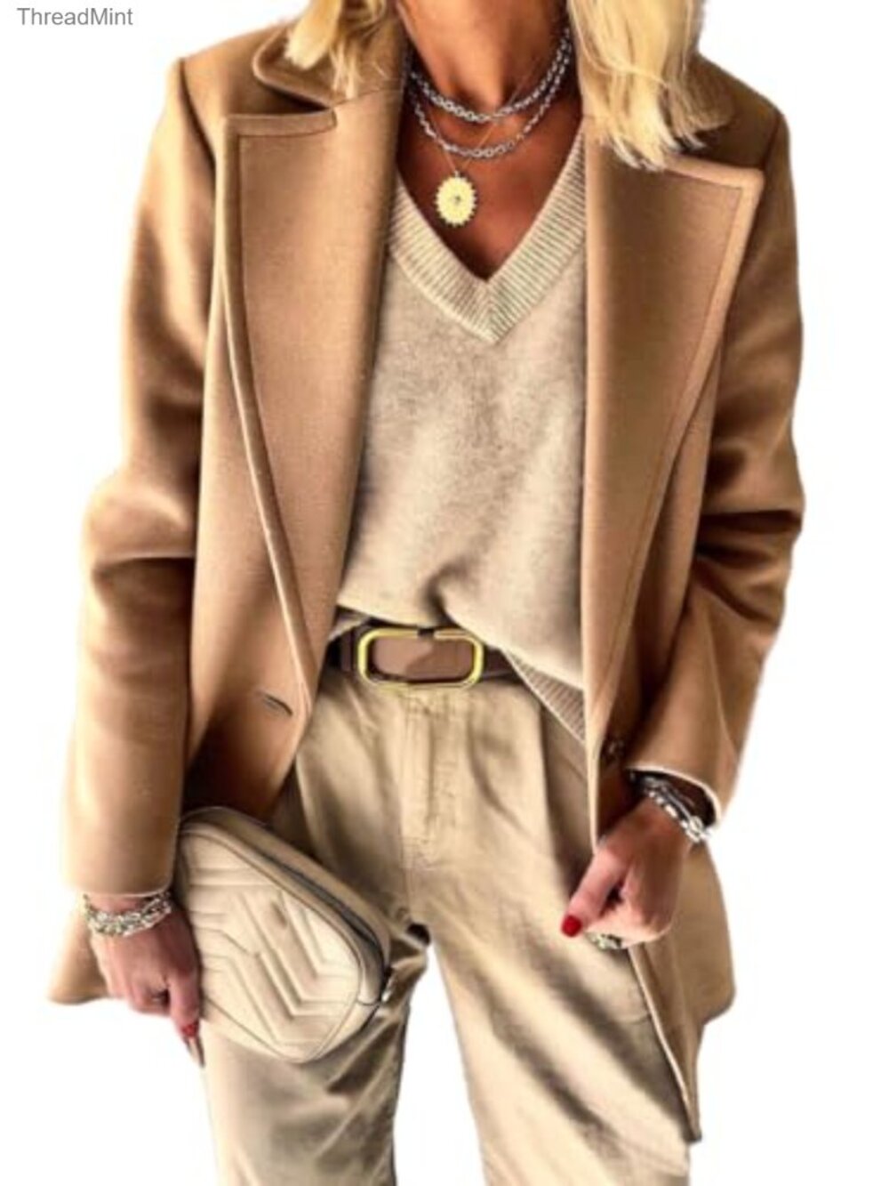 Women's Wool Blazer Notch Lapel One Button Business Casual Suit Jacket
